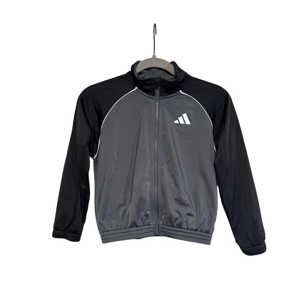 Adidas Kids Track Jacket Size 7 Black Gray Full Zip Athletic Soccer Youth Top